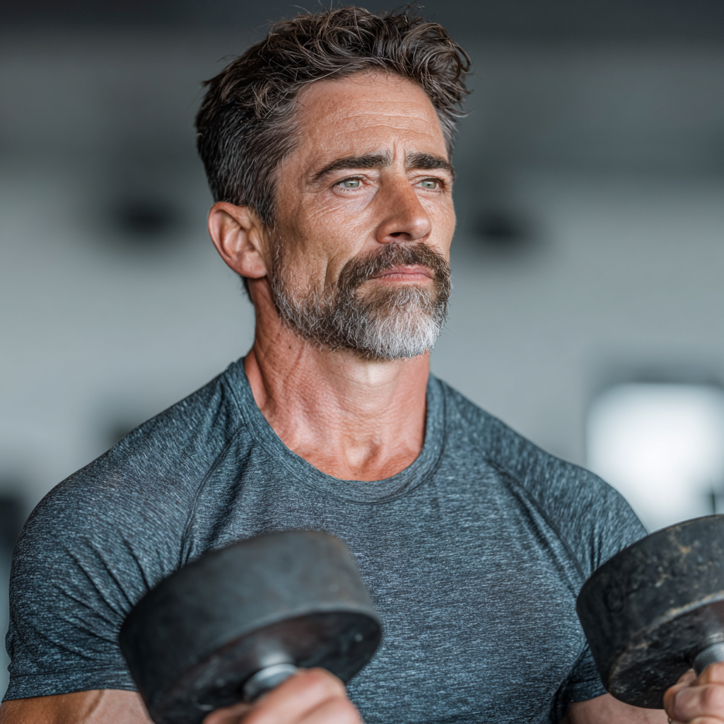 A focused man in his late 40s performing a dumbbell exercise in a modern gym, wearing athletic clothing, demonstrating proper form with concentrated expression
